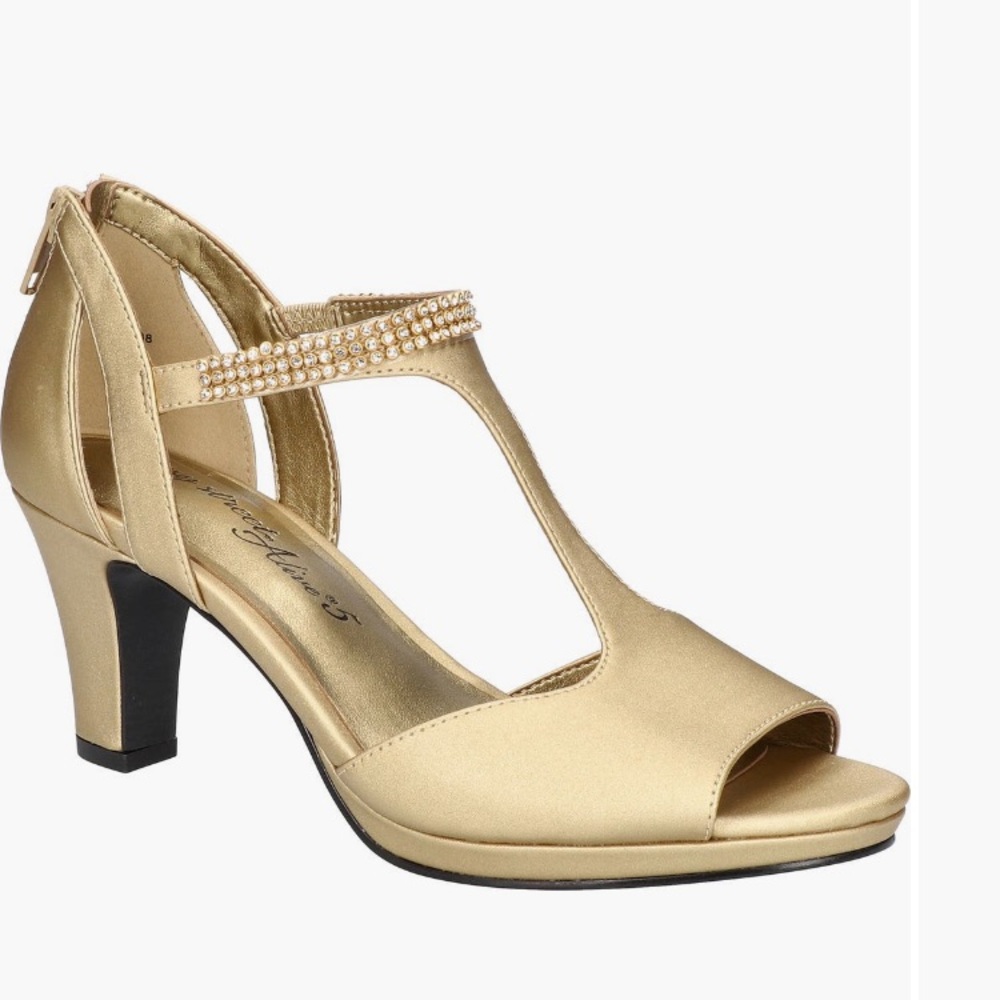 Easy Street Flash T-strap Heeled Sandal 9.5M Gold Rhinestone